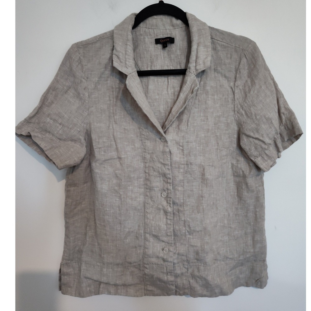 Quince 100% European Linen Short Sleeve Shirt Flax Beige Camp Collar Small
